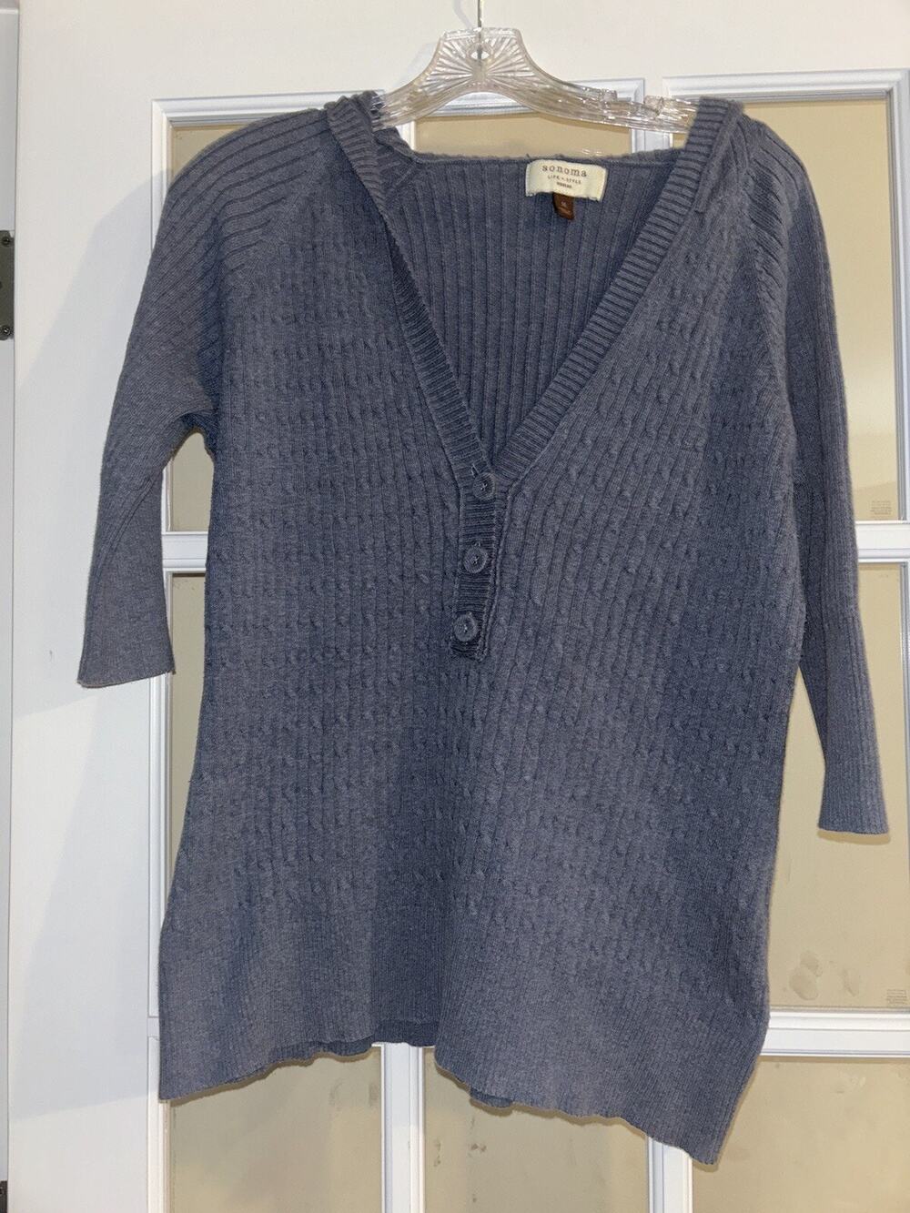 Sonoma women’s blue hooded sweater 3 button 3/4 sleeve knit size 1X